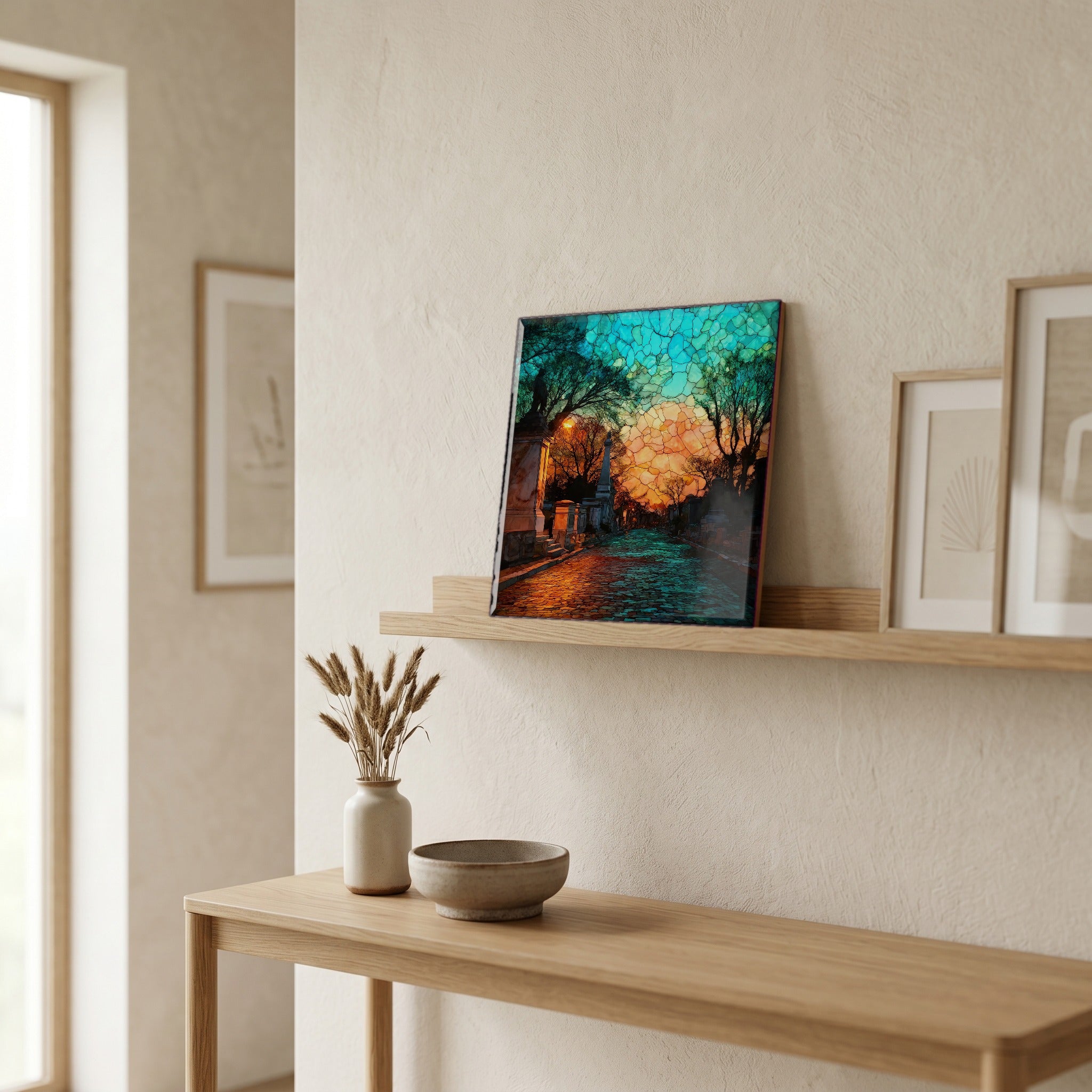 On a picture ledge, where the light comes in.