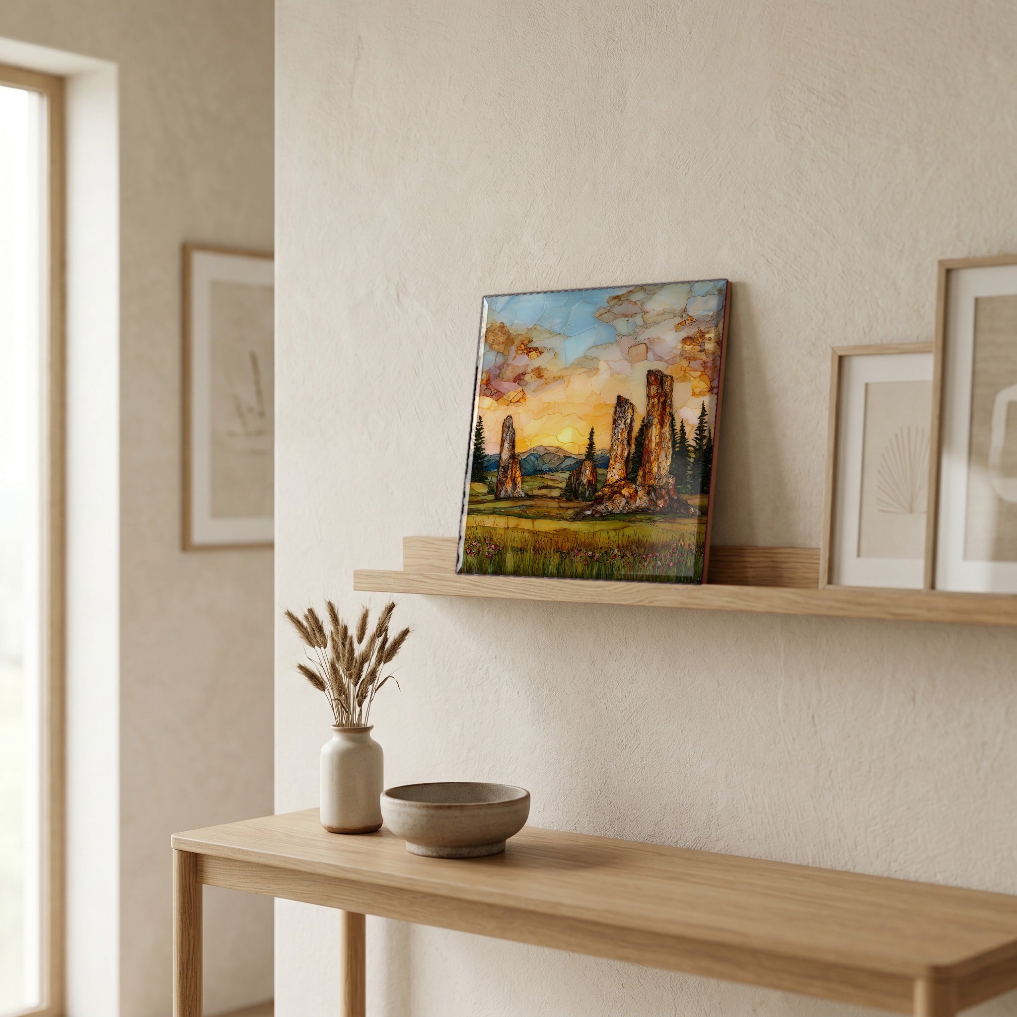 On a picture ledge, where the light comes in.