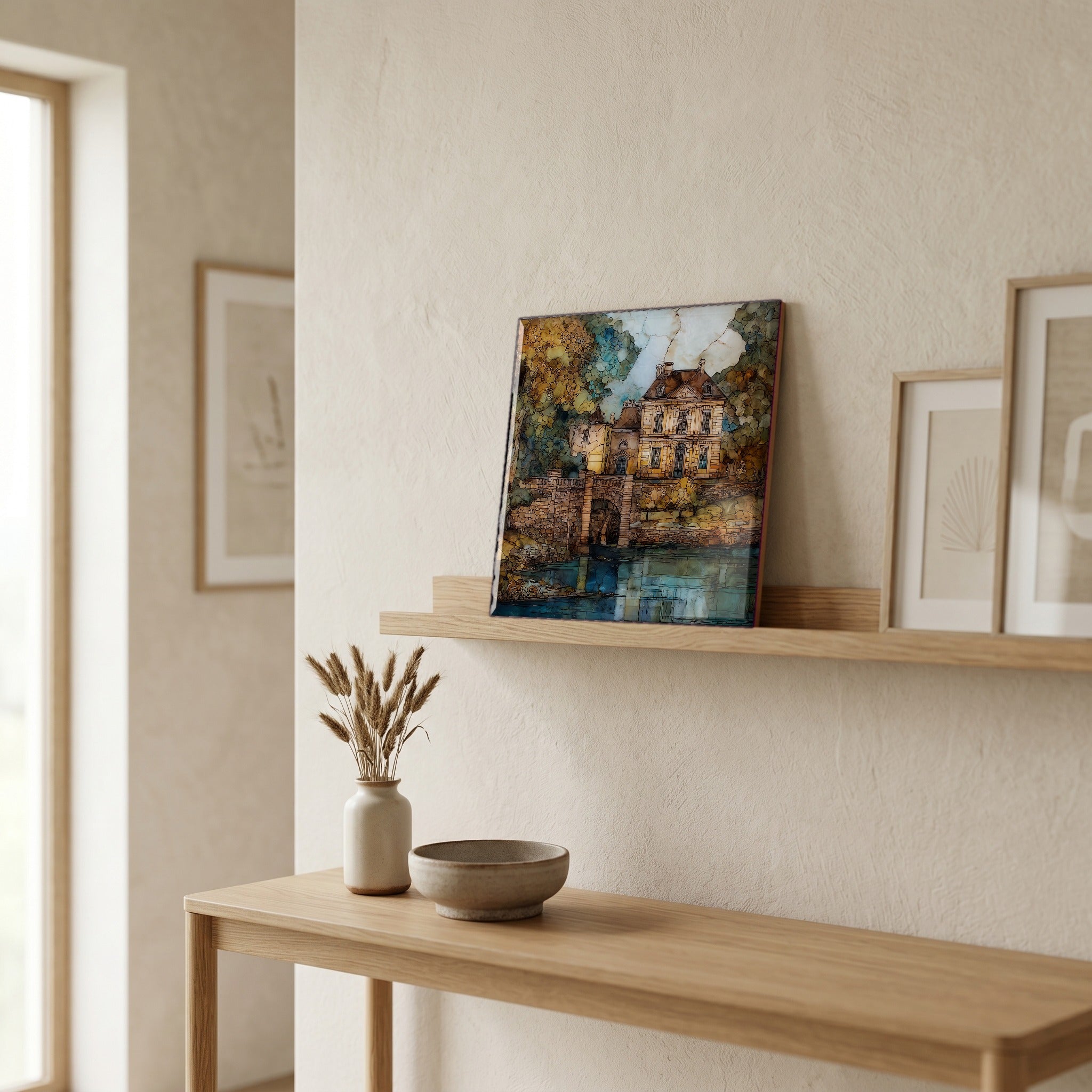On a picture ledge, where the light comes in.