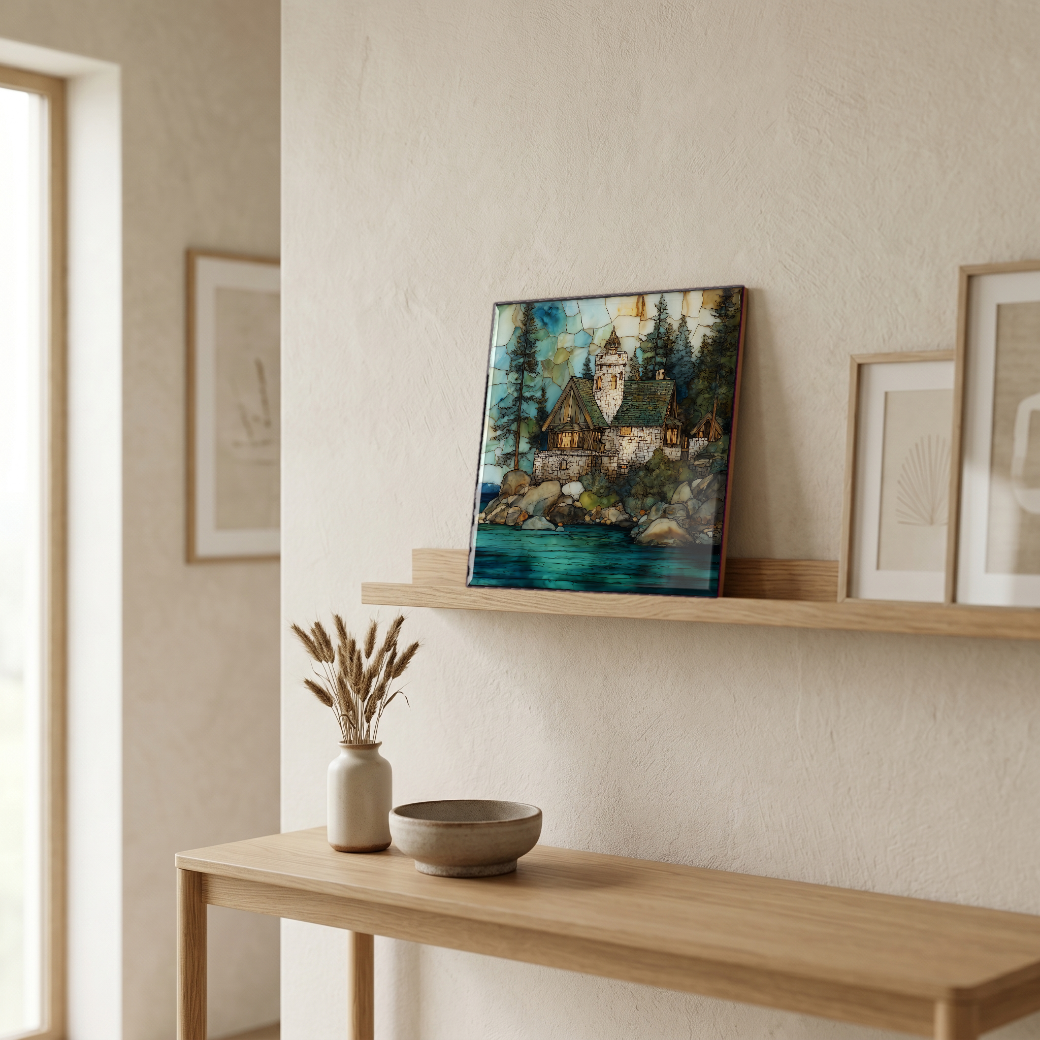 On a picture ledge, where the light comes in.