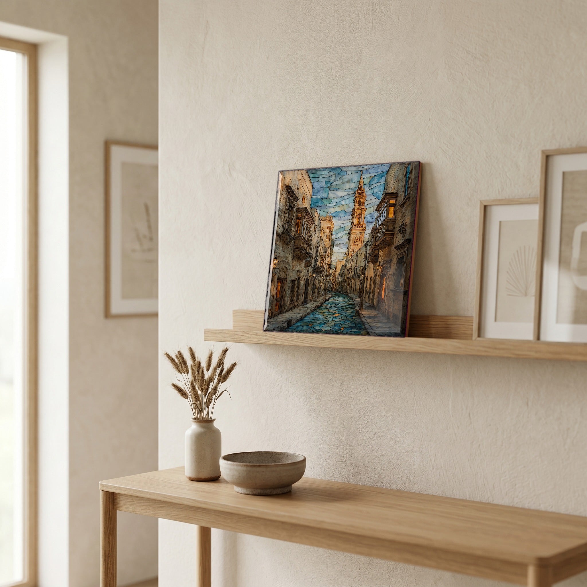 On a picture ledge, where the light comes in.