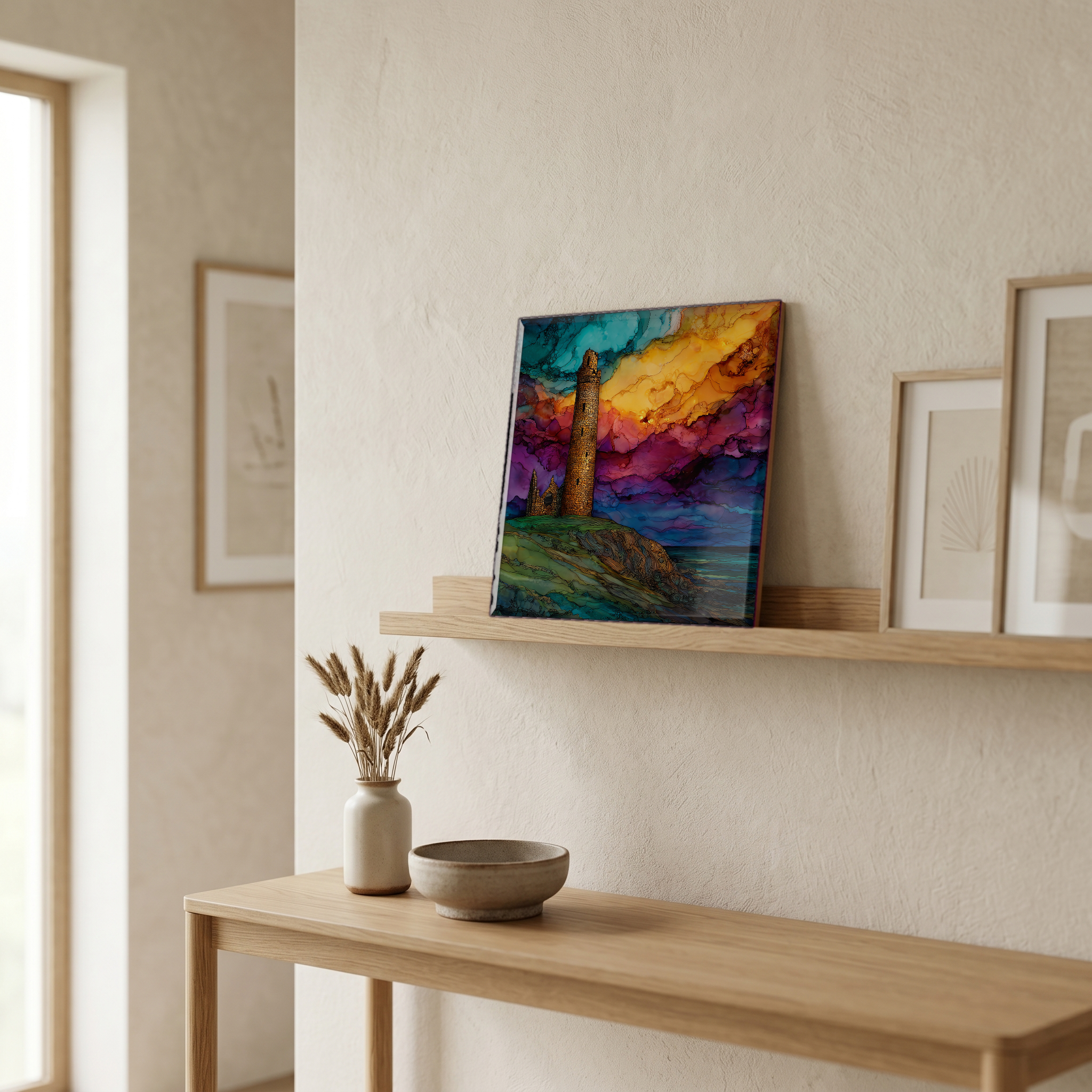 On a picture ledge, where the light comes in.