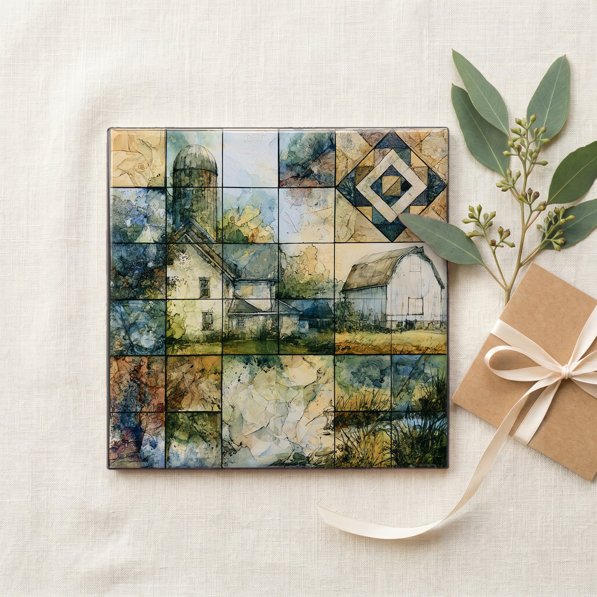 an Amish farmhouse and white barn — gifting