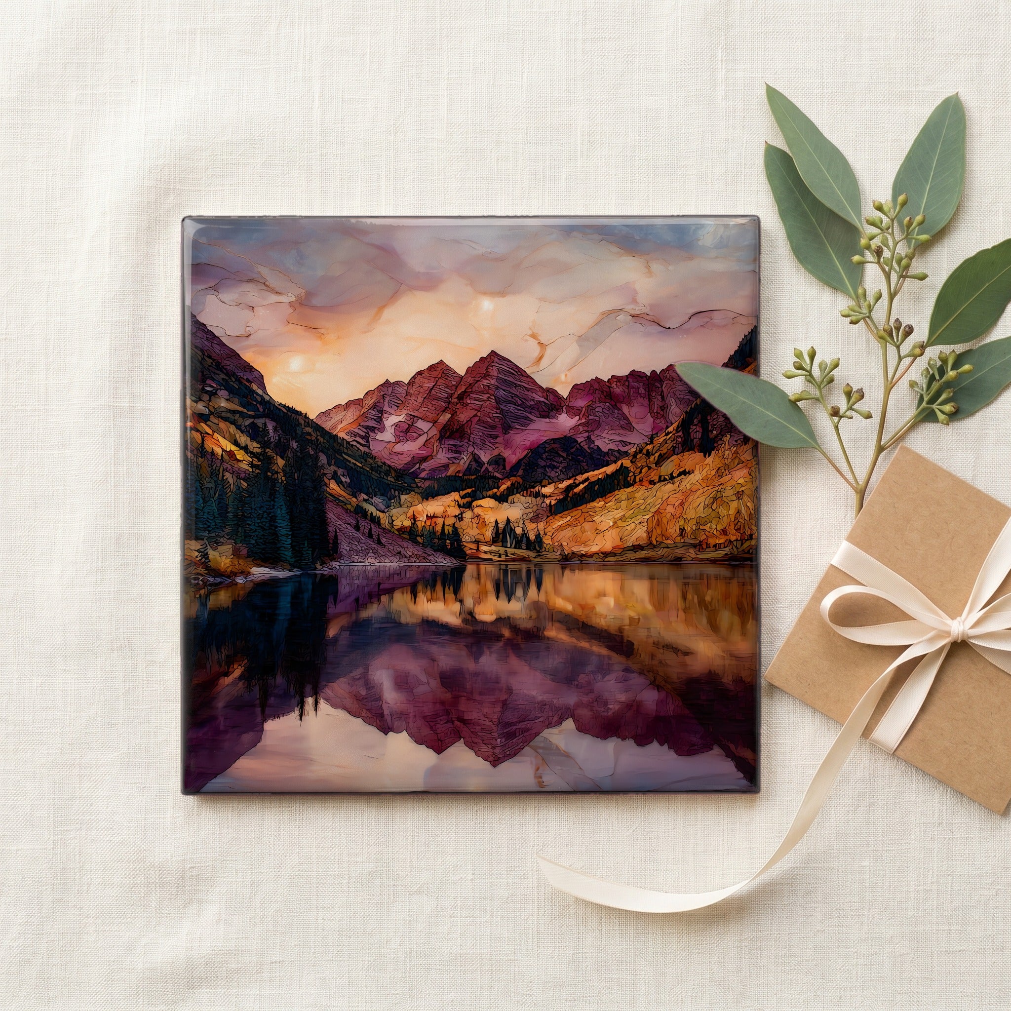 Maroon Bells reflection Elk Range Ceramic Art Tile — gifting