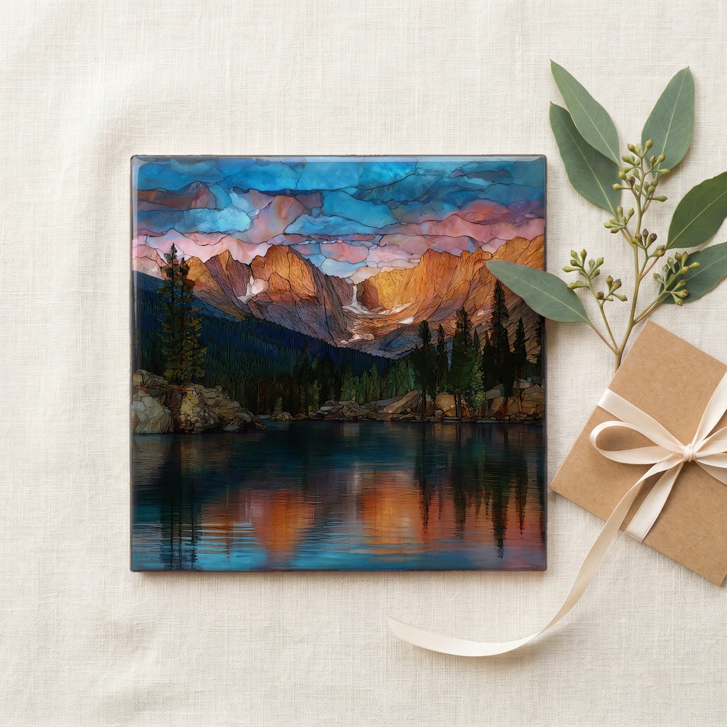 Mills Lake at dusk Rocky Mountain National Park Ceramic Art Tile — gifting