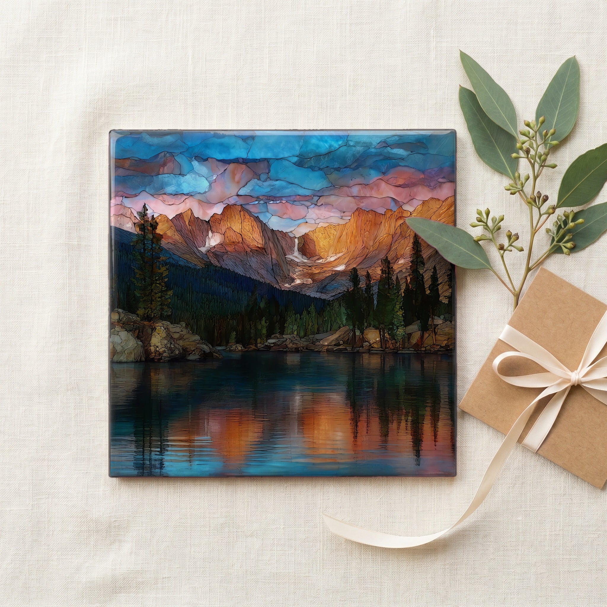 Mills Lake at dusk Rocky Mountain National Park Ceramic Art Tile — gifting