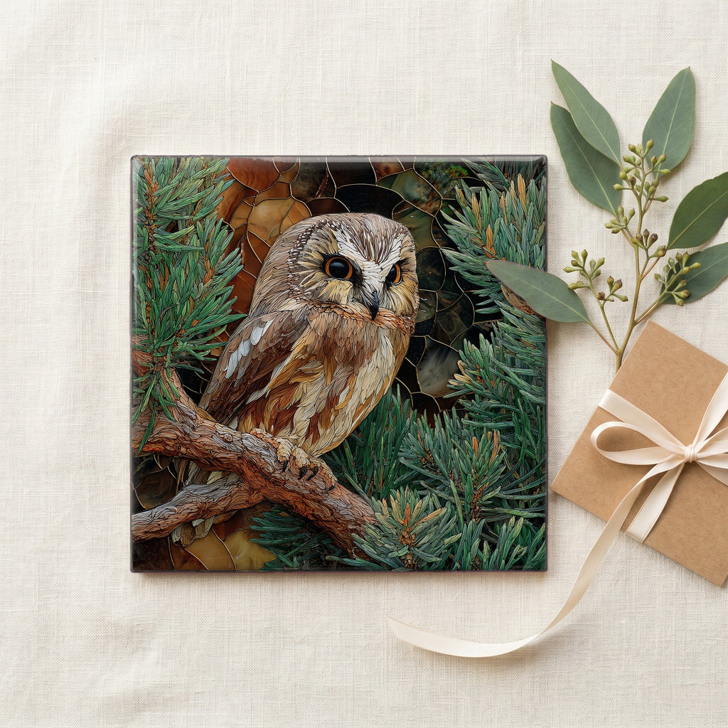 a northern saw-whet owl on a low red — gifting