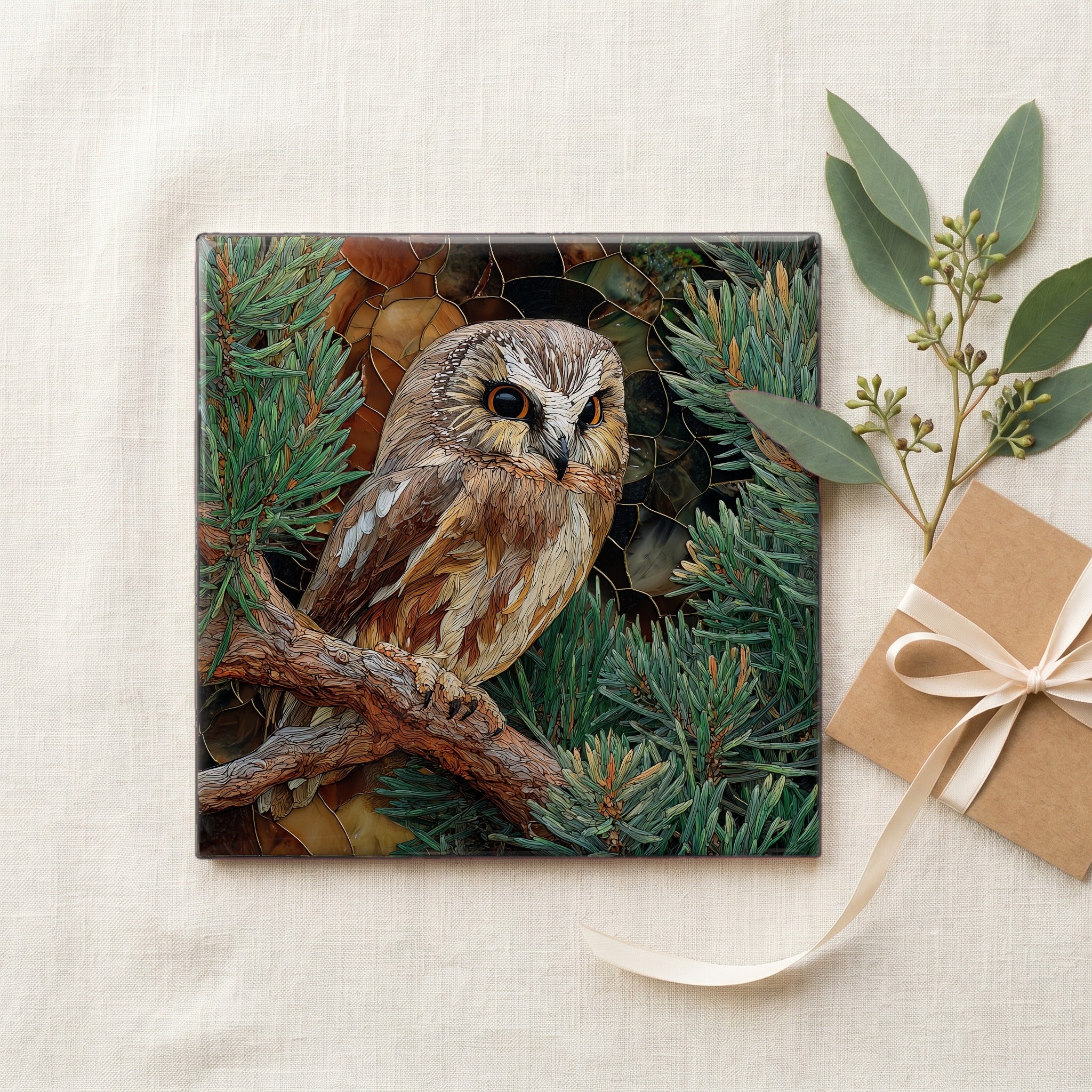a northern saw-whet owl on a low red — gifting