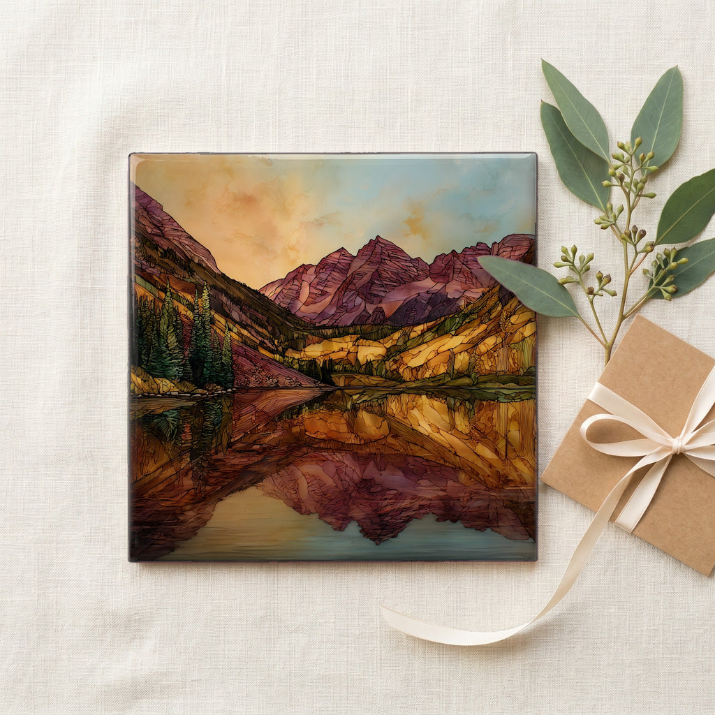Maroon Lake reflection Elk Range Ceramic Art Tile — gifting