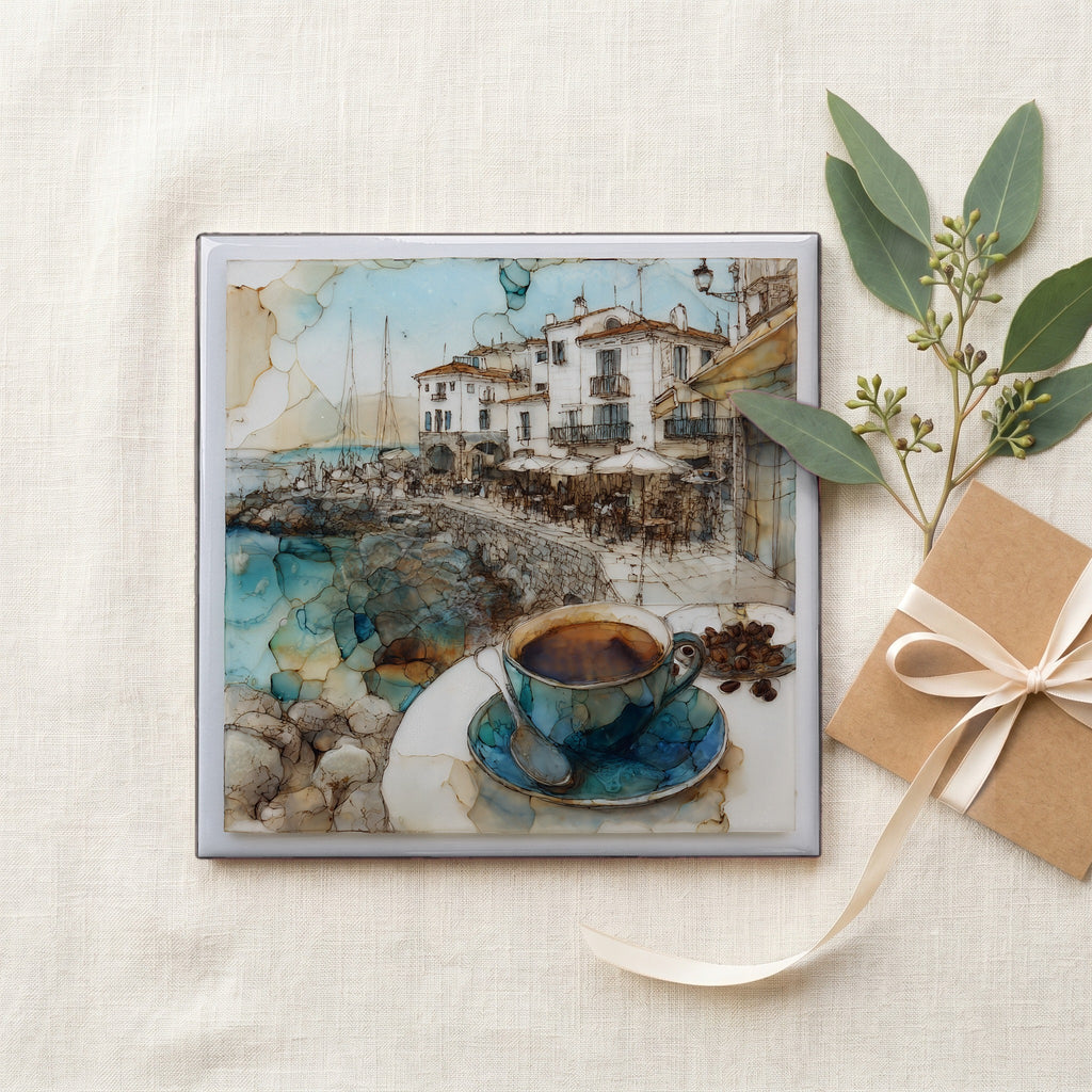 Small Sitges Harbor Cafe Terrace a Cup of Thick Hot Chocolate the Sea Wall Vie — gifting