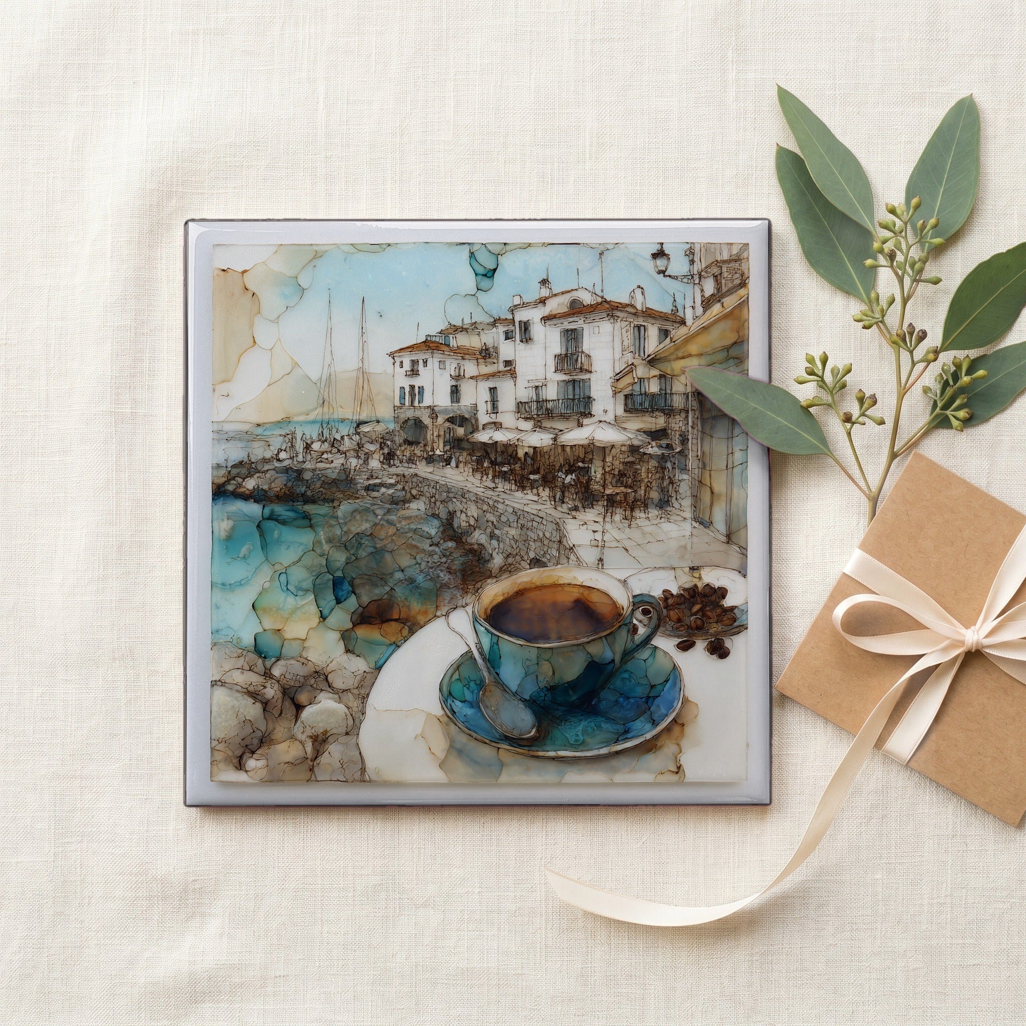Small Sitges Harbor Cafe Terrace a Cup of Thick Hot Chocolate the Sea Wall Vie — gifting