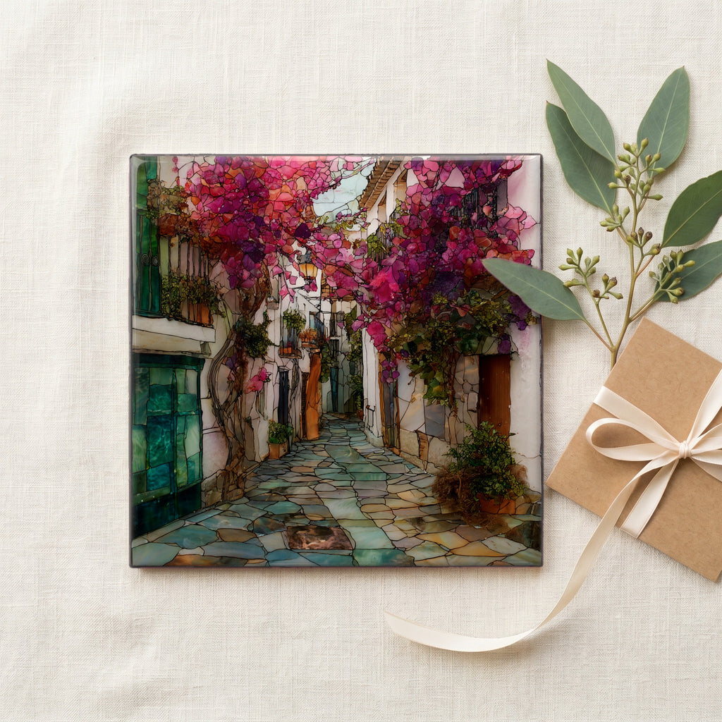 Sitges Old Town Narrow Whitewashed Lanes Cascading Bougainvillea — gifting