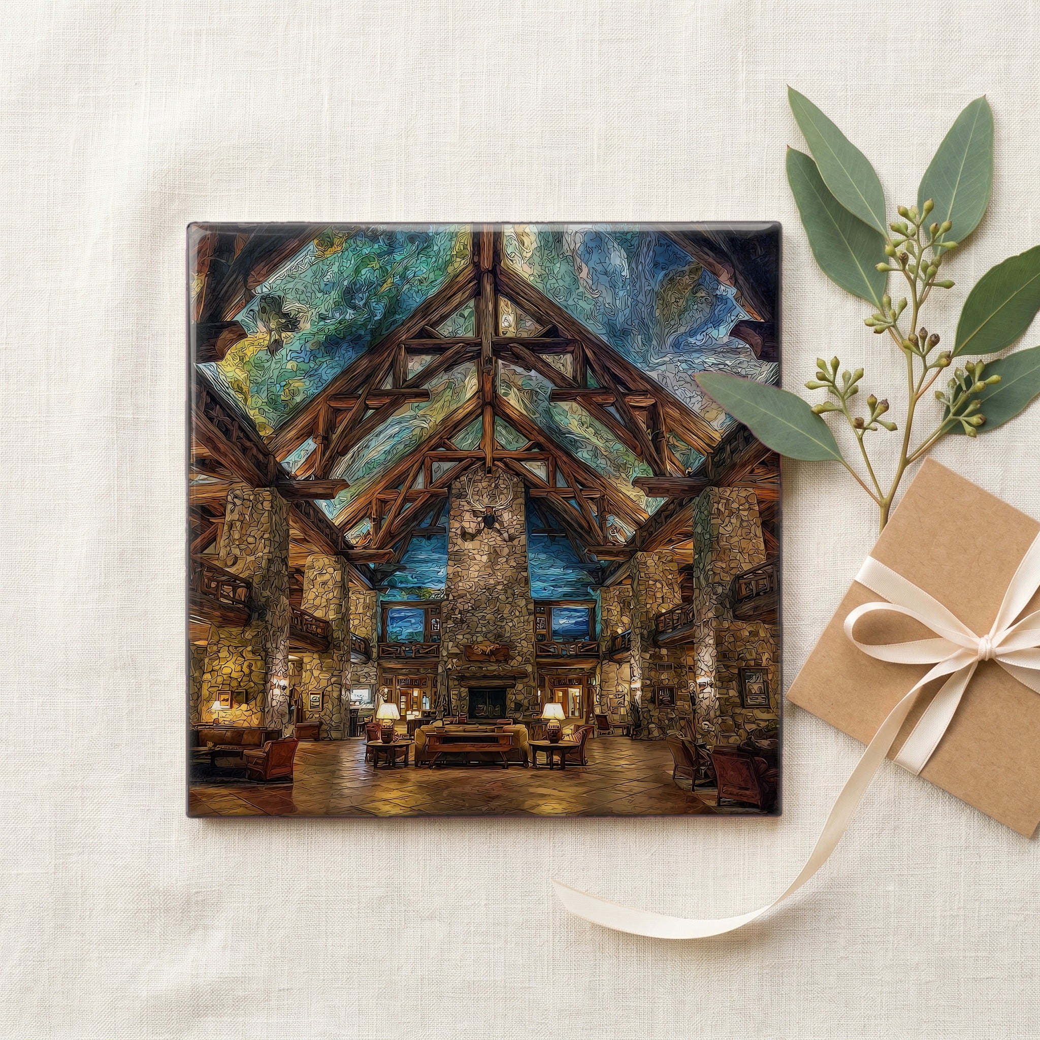 the Lake McDonald Lodge log lobby — gifting
