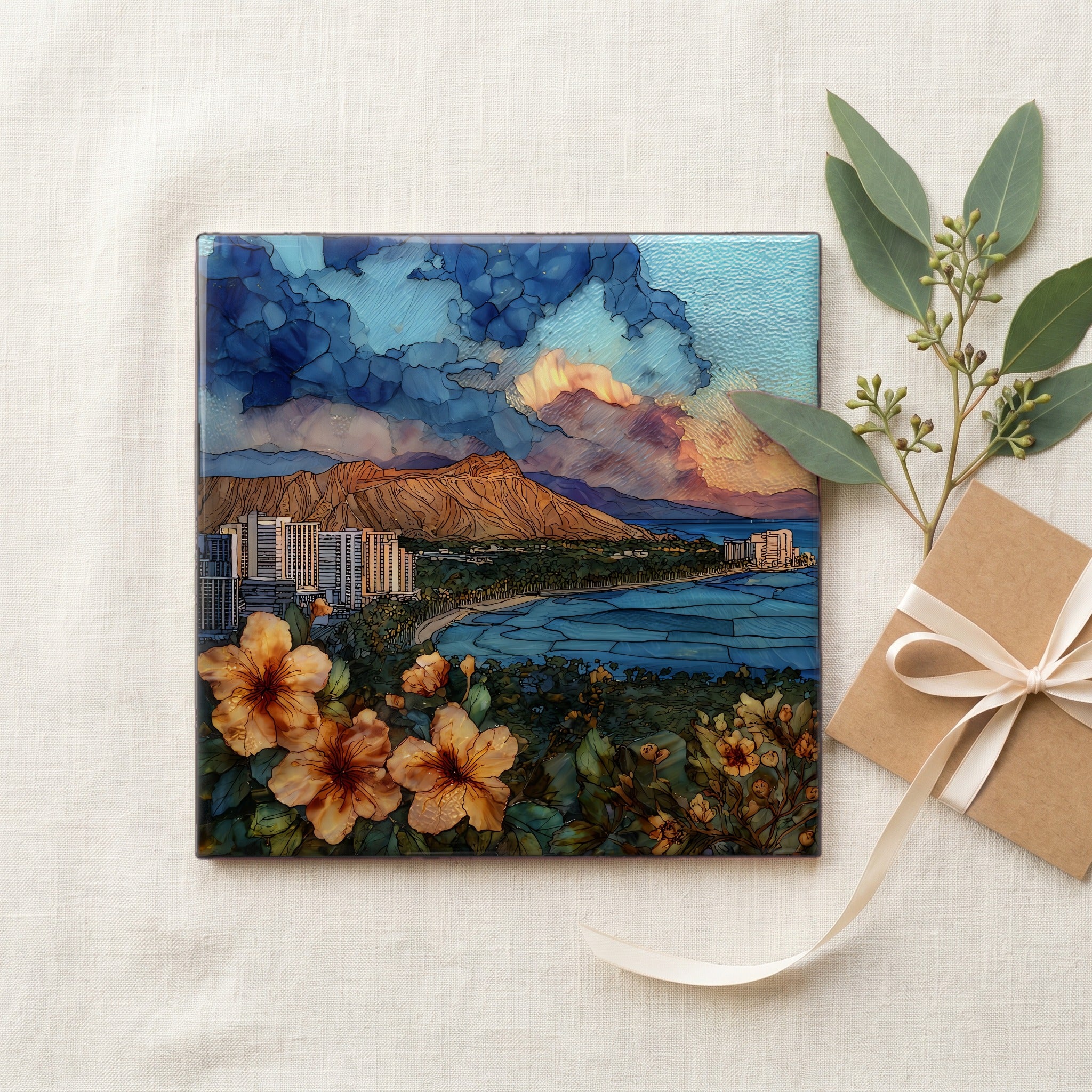 Diamond Head Summit Oahu Ceramic Art Tile — gifting