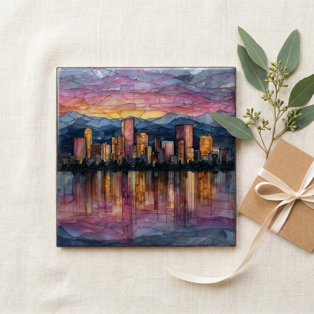 Denver skyline from Sloans Lake Denver Metro Ceramic Art Tile — gifting