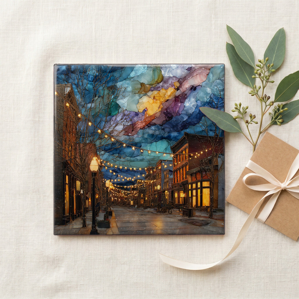 Larimer Square at twilight Denver Metro Ceramic Art Tile — gifting