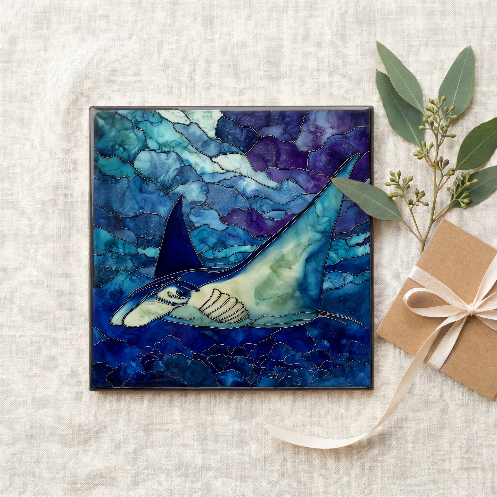 Manta Ray Kona Big Island Ceramic Art Tile — gifting