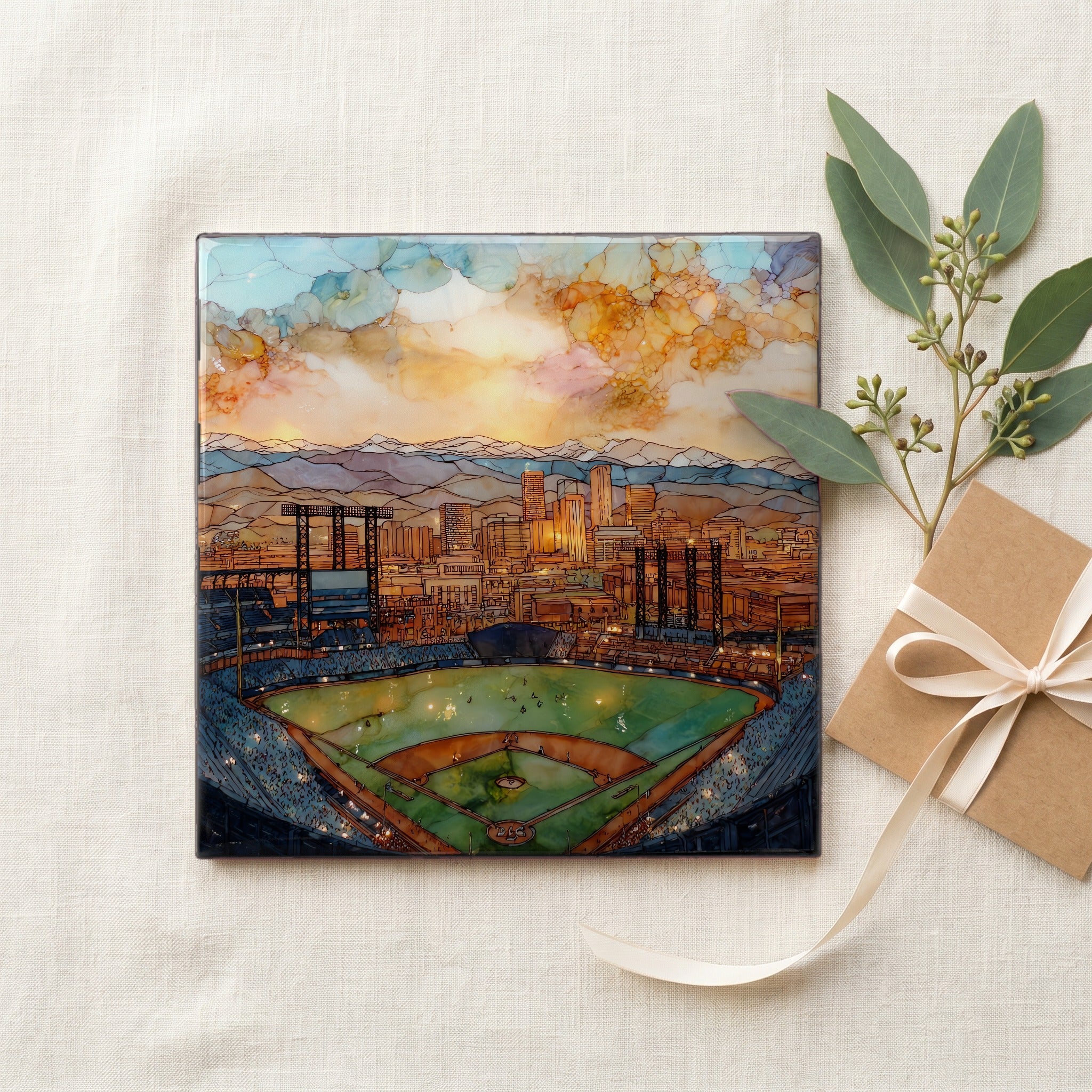 Coors Field with skyline Denver Metro Ceramic Art Tile — gifting