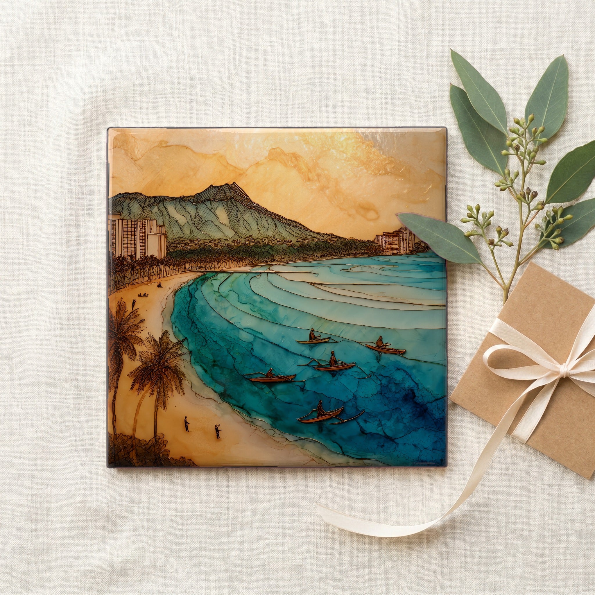 Waikiki Diamond Head Oahu Ceramic Art Tile — gifting