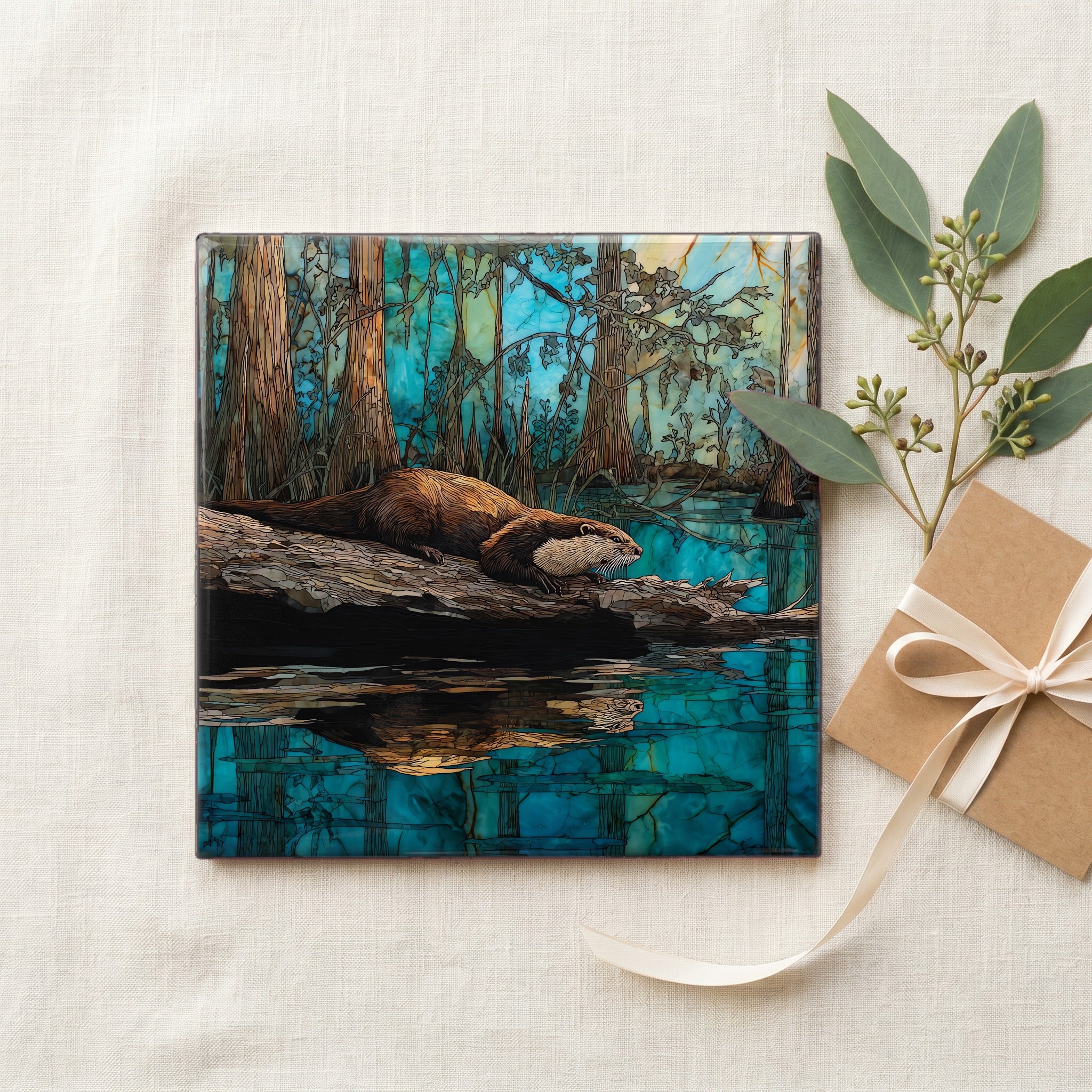 a river otter on a fallen cypress log — gifting