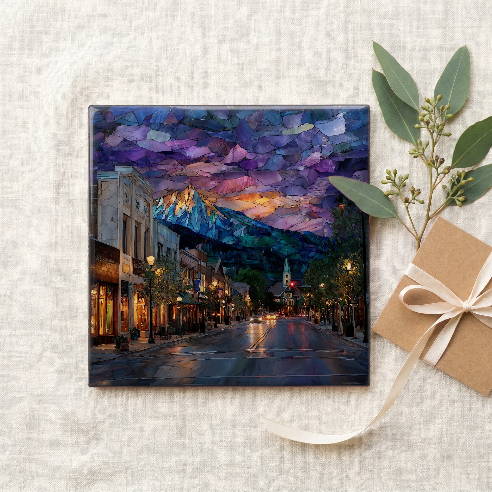 Estes Park downtown twilight Front Range Ceramic Art Tile — gifting