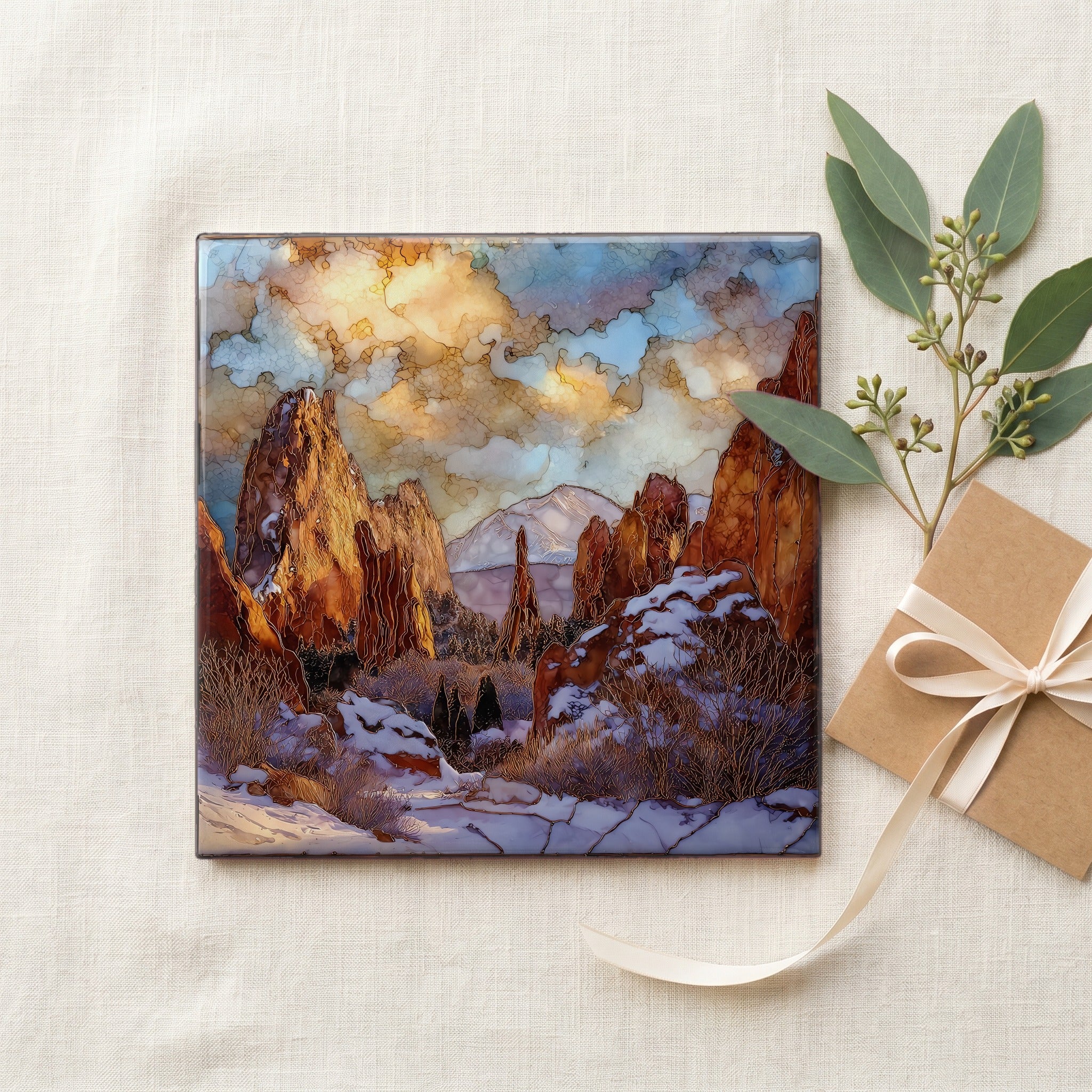 Snow on Garden of the Gods Front Range Ceramic Art Tile — gifting