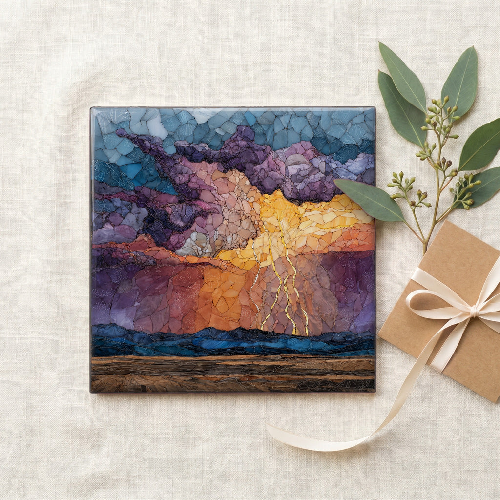 Lightning over the plains Ceramic Art Tile — gifting