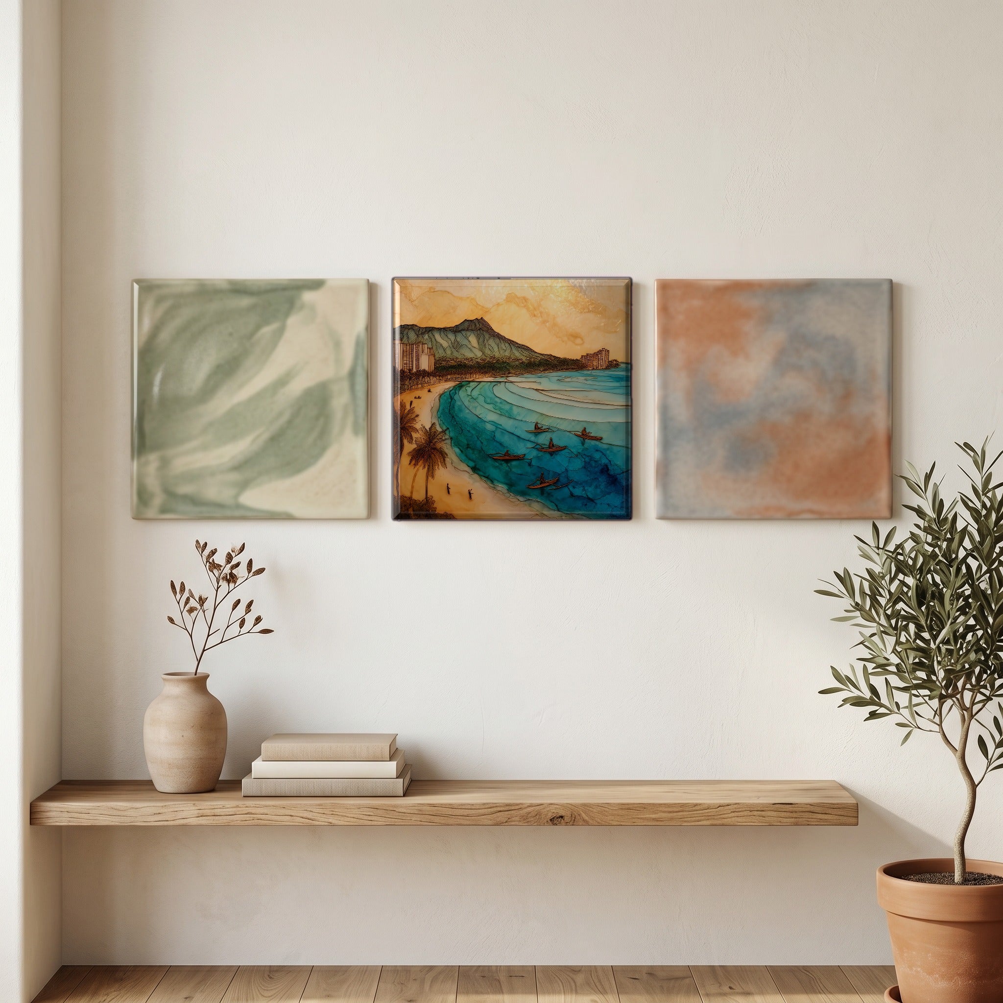 Waikiki Diamond Head Oahu Ceramic Art Tile — grouping