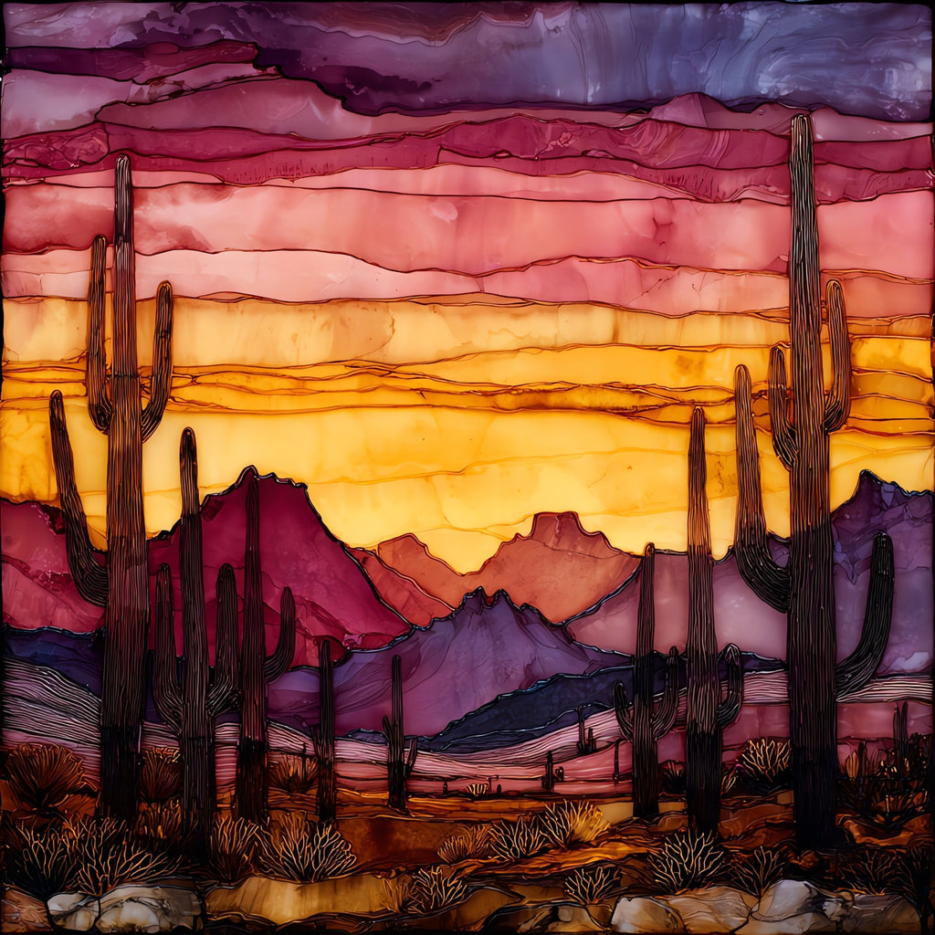 Desert sunset saguaro forest Saguaro National Park — ceramic art tile