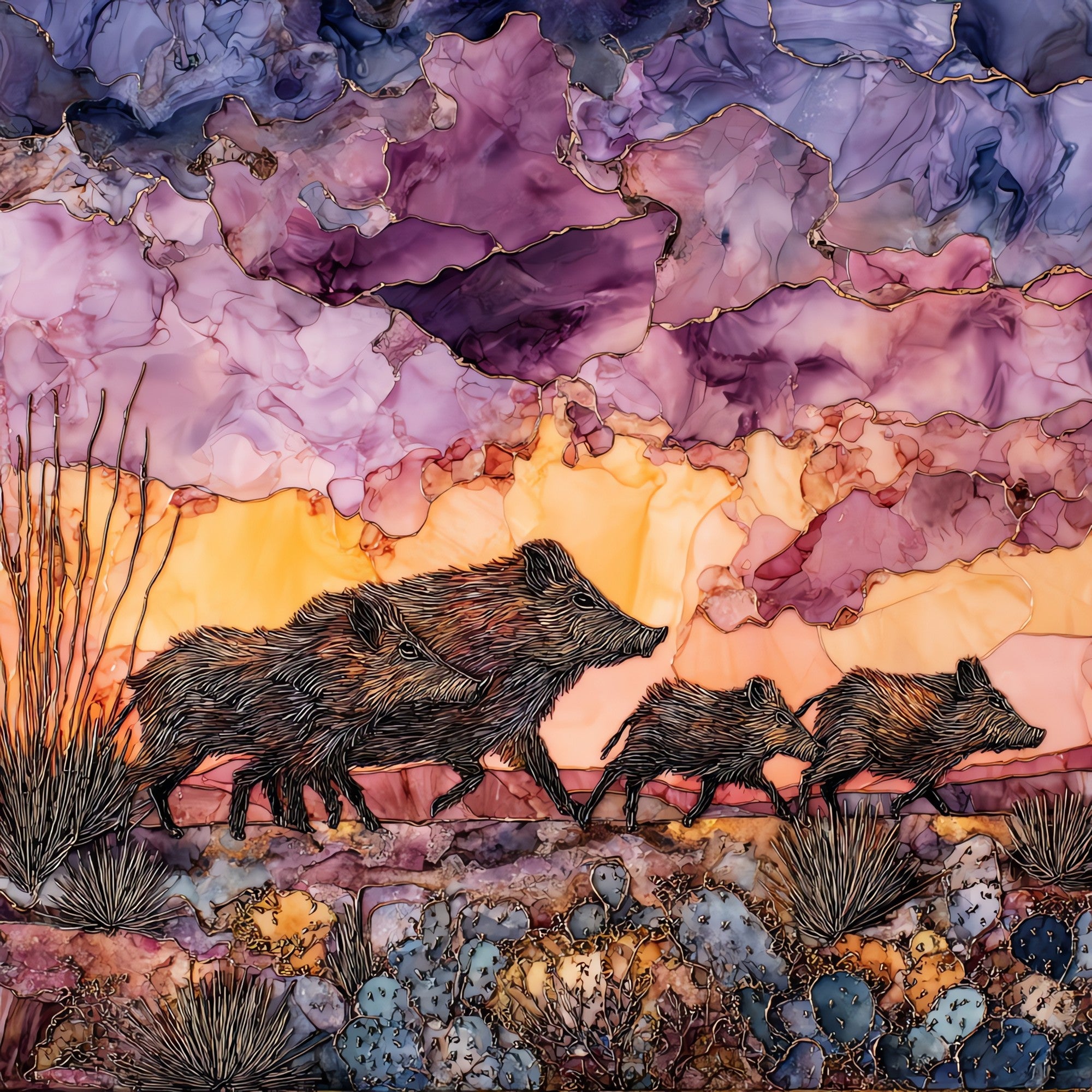 Javelina at dusk Sonoran Desert — ceramic art tile