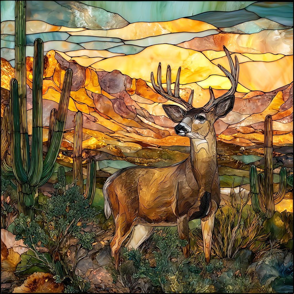 Desert mule deer at saguaro Sonoran Desert — ceramic art tile
