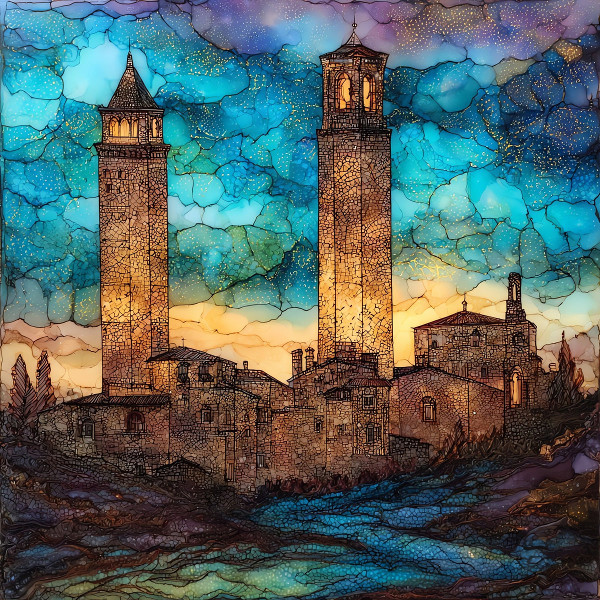 Two Towers of Bologna — ceramic art tile