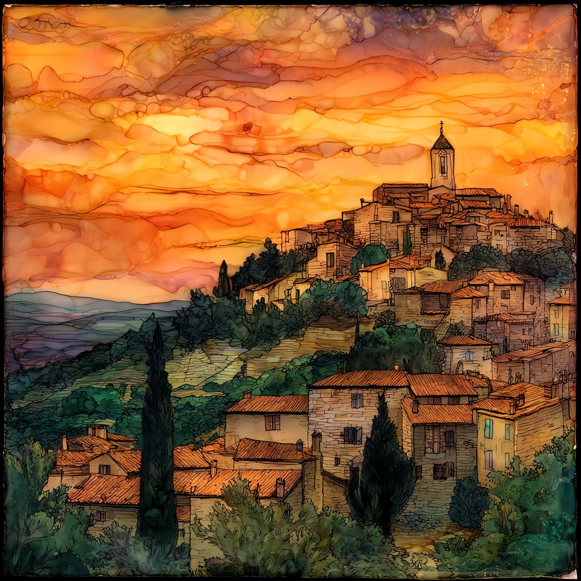 Gordes Hilltop Village — ceramic art tile